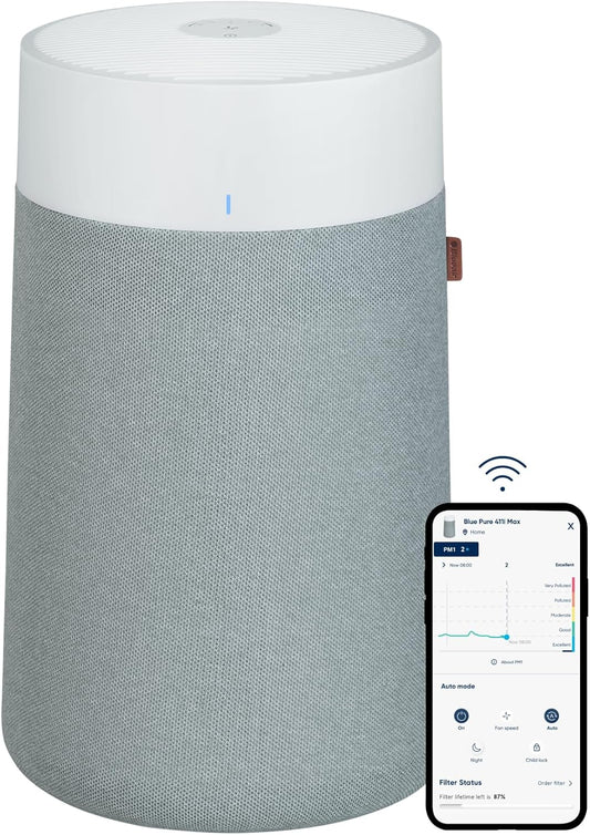 BLUEAIR Air Purifiers for Bedroom, HEPASilent Air Purifiers for Home, Air Purifiers for Pets Allergies Air Cleaner, Smart Air Purifier, Small Room Air Purifier, Virus Air Purifier, Blue Pure 411i Max