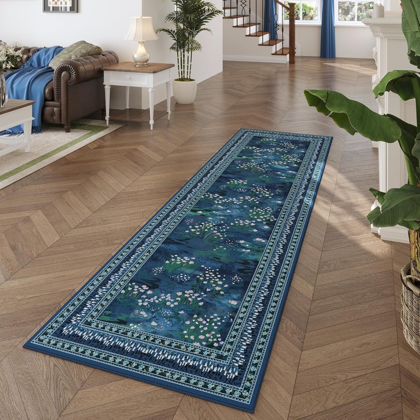 2x6 Runner Rug Impressionist-Style Vintage Kitchen Rugs Non Slip Washable Soft Carpet Runner for Kitchen Laundry Bedroom Bathroom, Blue