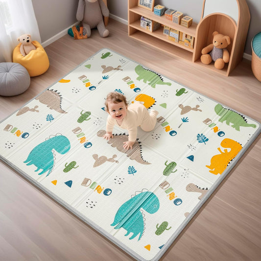 Foldable Baby Play Mat, PIGLOG Waterproof Playmats for Babies and Toddlers Kids, Safe Foam Playmat for Tummy Time, 50x50 Playpen Mat, Reversible Portable Baby Floor Mat for Infant, Toddler, Dinosaur
