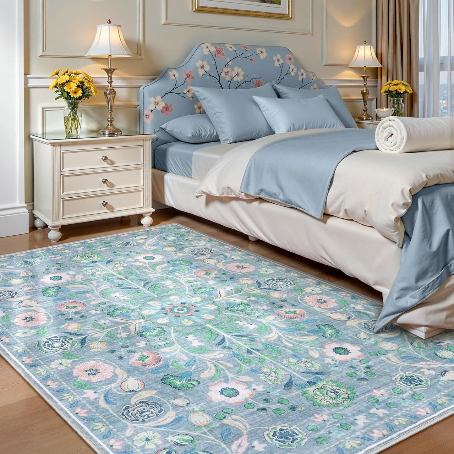 Anidaroel Floral Washable Rugs for Bedroom, 5x7 Boho Area Rugs for Living Room Vintage Distressed Soft Rug, Stain Resistant Non-Slip Throw Rugs Nursery Rugs for Kids Room Dining Room, Blue/Multi