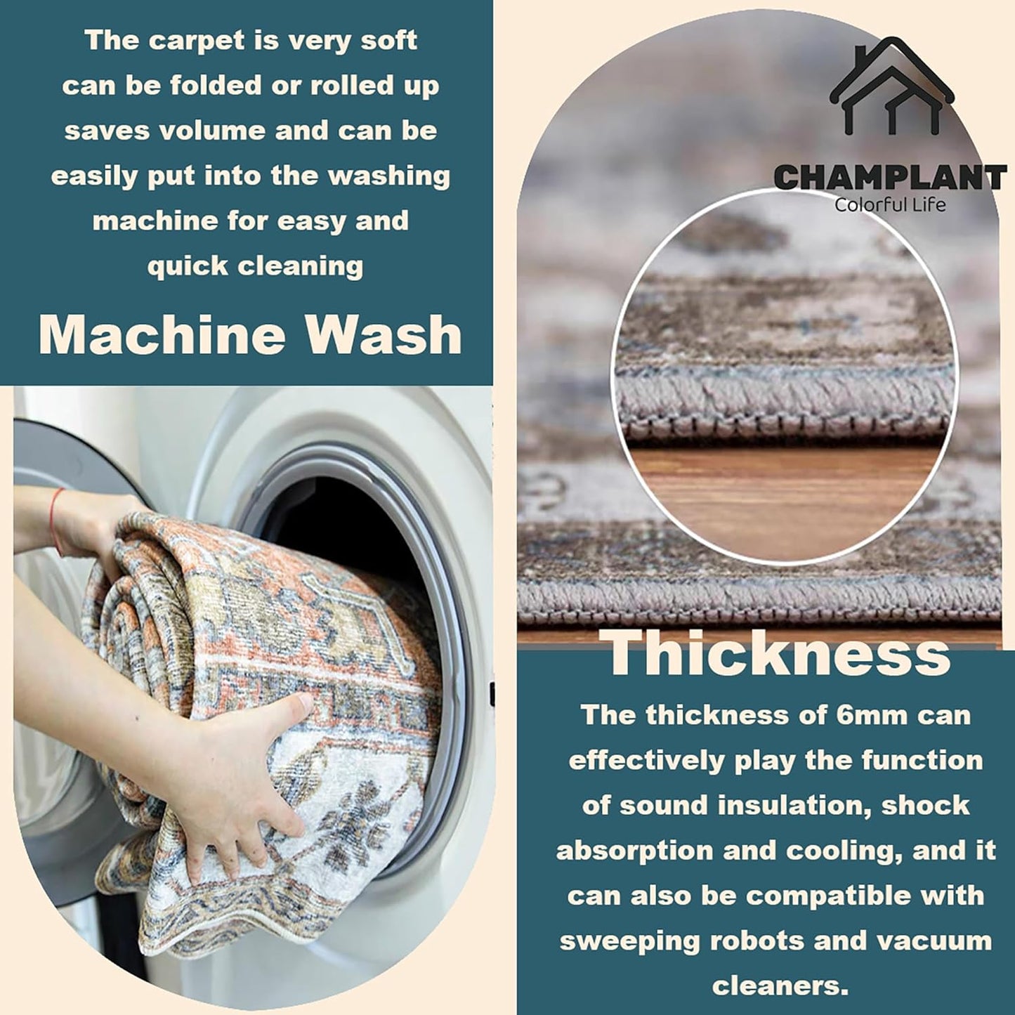 Area Rug 6'x9' Cyan Khaki Washable Vintage Traditional Floor Cover Thin Retro Kitchen Indoor Distressed Non Slip Carpet for Living Room Bedroom Dining Room