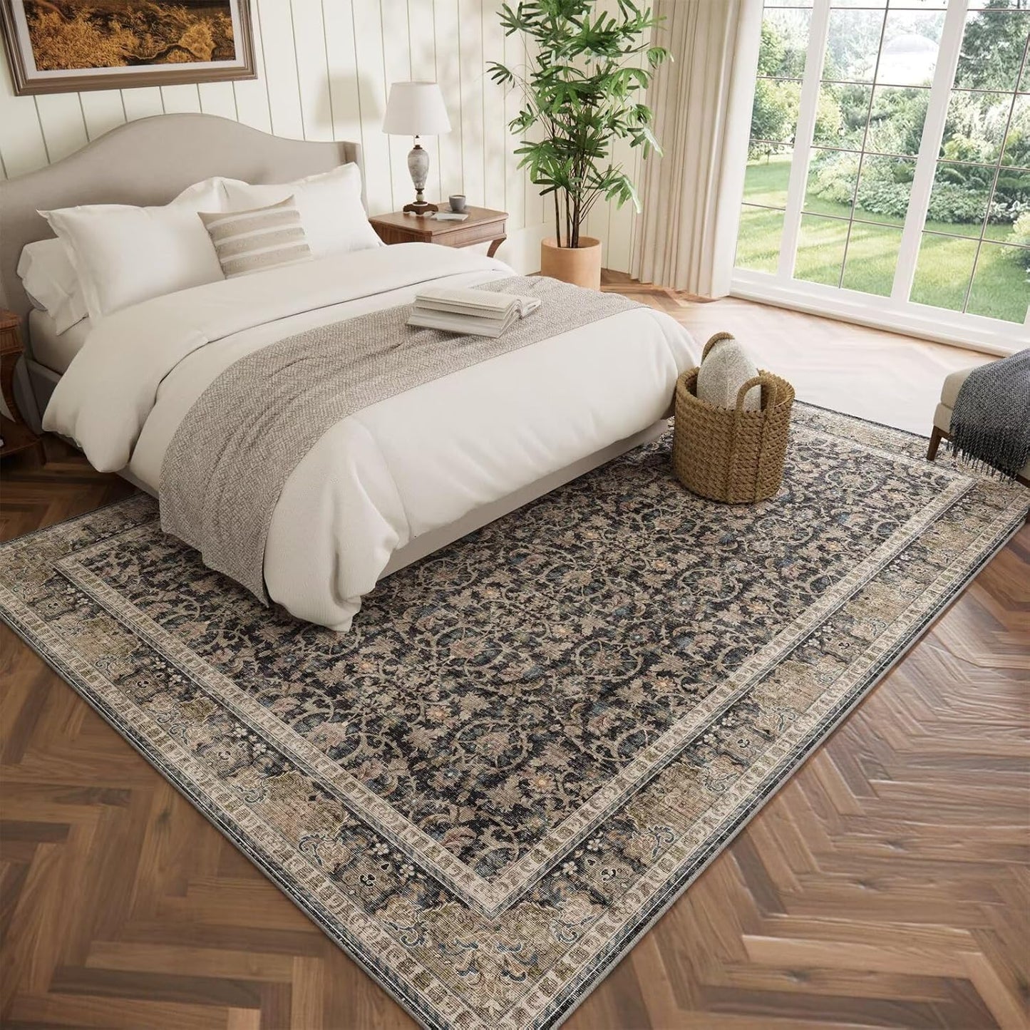 Washable 5x7 Area Rugs for Living Room, Boho Non-Slip Silicone Backing Rugs for Bedroom Dining Room Nursery Office, 0.3" Neutral Oriental Throw Carpet with 0.16" Cushioning Pad, Black/Multi