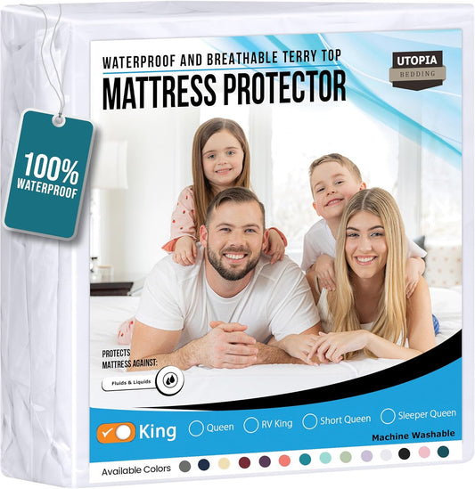 Utopia Bedding Waterproof Mattress Protector King Size, Premium Terry Mattress Cover 200 GSM, Breathable, Fitted Style with Stretchable Pockets (White)