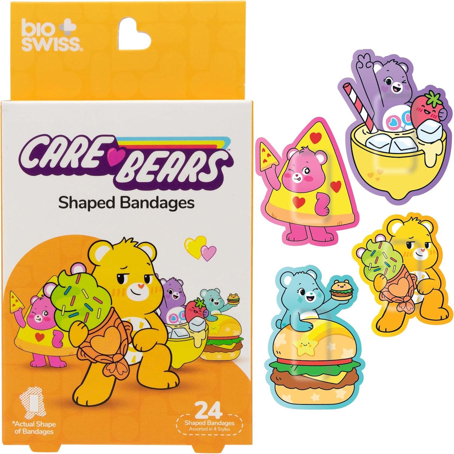 BioSwiss Care Bears Bandages, Sweet and Sour Care Bear Shaped Self Adhesive Bandage, Latex Free Sterile Wound Care, Fun First Aid Kit Supplies for Kids, 24 Count