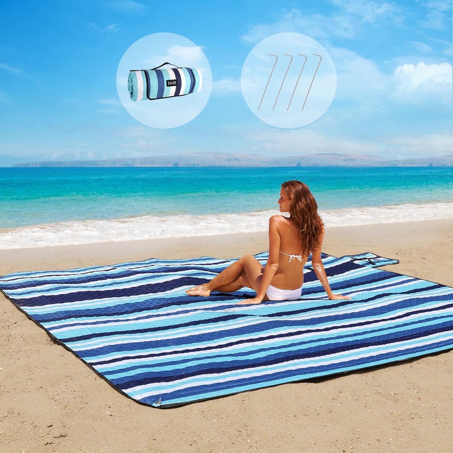 ZAZE Beach Blanket Picnic Blankets with Stakes, Thick 3-Layer 80*80 Oversized Waterproof Sandproof Compact Outdoor Mat, Big Extra Large Foldable Camping Park Vacation Travel Accessories(Blue Stripe)
