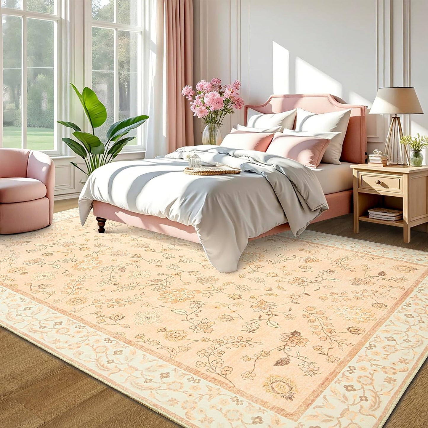 LOCHAS Washable Area Rugs 4x6, Peach Floral Rug for Living Room Bedroom Non Slip, Ultra Soft Vintage Indoor Carpet for Kids, Nursery, Dorm, Dining Room, Classroom, Boho Flower Home Decor, Low-Pile