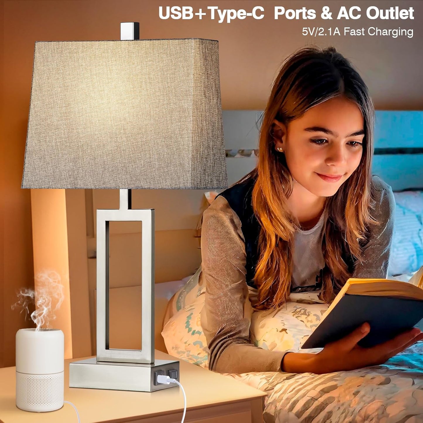 23.5" Touch Control Table Lamps, Metal Bedside Lamp for Bedroom Set of 2 with USB A+C Ports & AC Outlet, 3-Way Dimmable Nightstand Lamp for Living Room (LED Bulb Included)