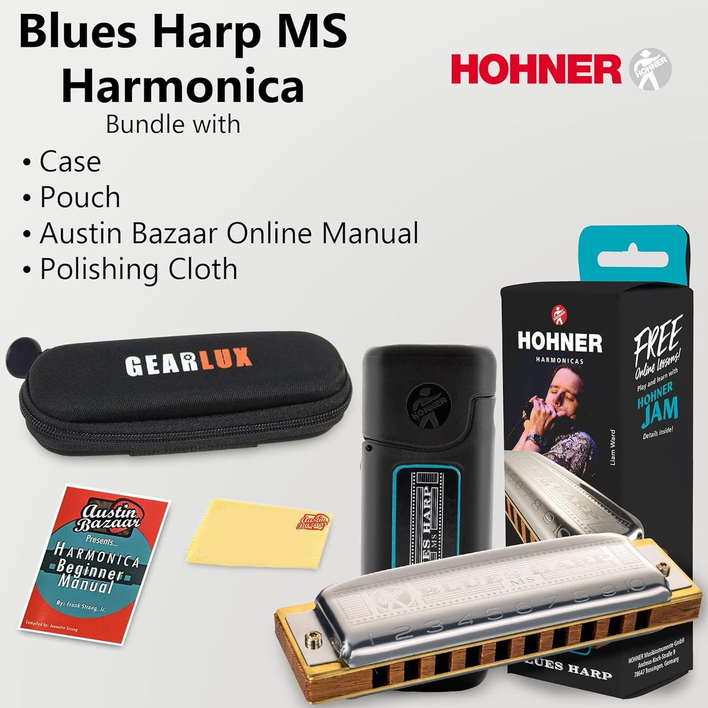 Hohner 532 Blues Harp MS Harmonica - Key of C Bundle with Case, Pouch, Austin Bazaar Online Manual, and Polishing Cloth