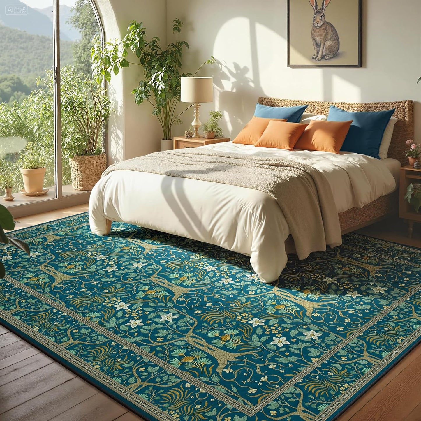 Joydeco Washable Large Area Rug 8x10, Boho Floral Rugs for Living Room Non Slip, Soft Low-Pile Botanical Forest Indoor Floor Throw Carpet for Dining Home Office Playroom, Dark Blue