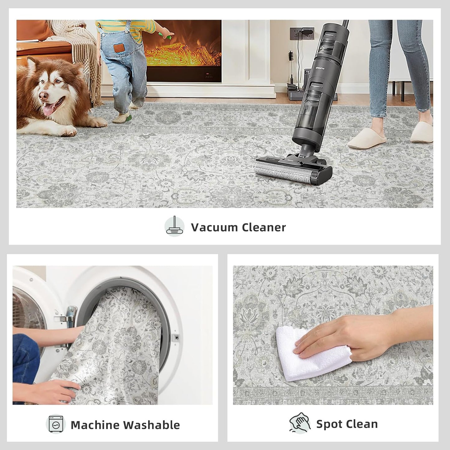 Boho Washable Area Rug Neutral Grey 5x7 Rugs for Living Room, Floral Modern Bedroom Rug Indoor Carpet for Dining Room Kids Room Playroom