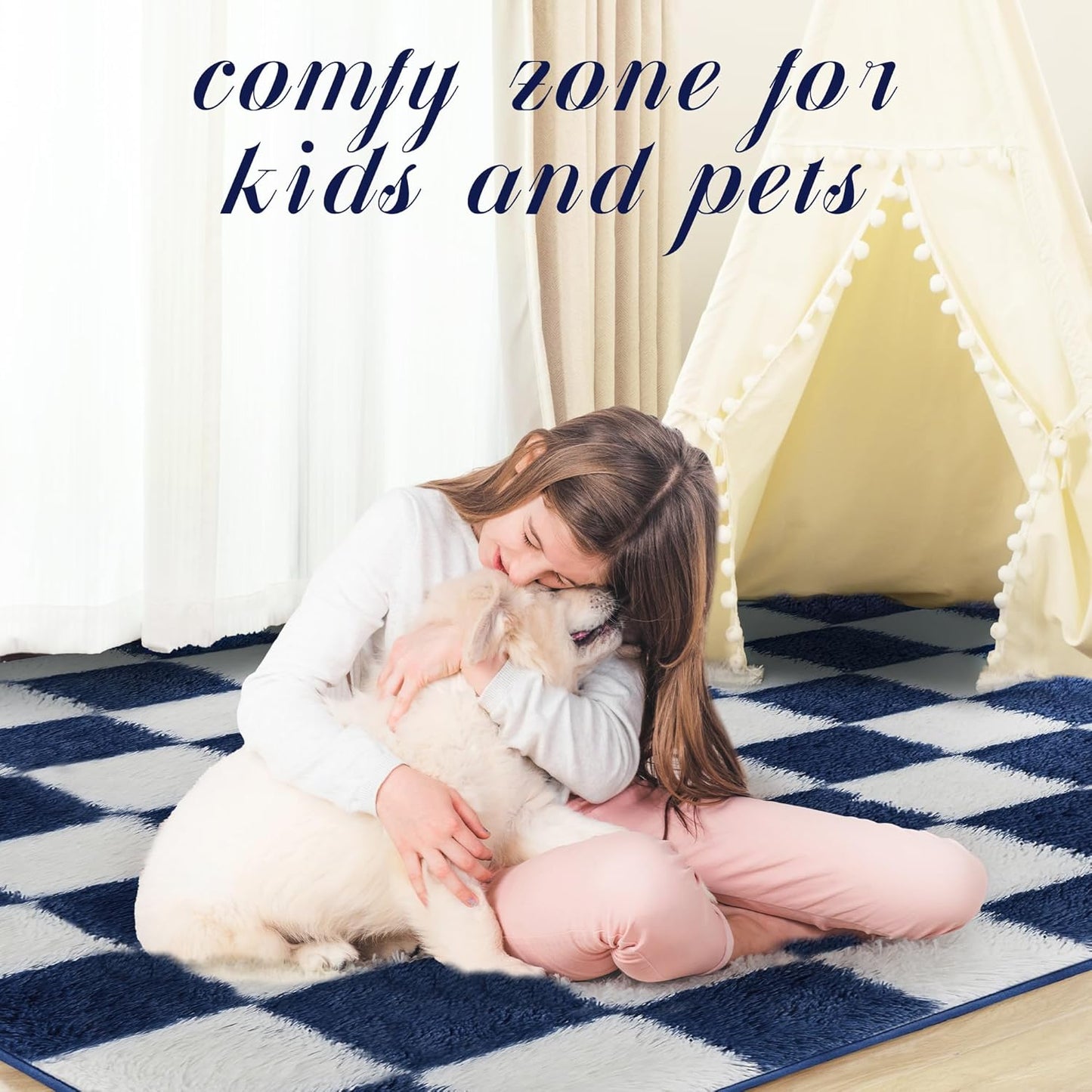 Super Soft Rug for Bedroom, 6x9 ft Blue and White Area Rug Classic Checkered Shaggy Anti-Skid High Pile Soft Fluffy Rug Fuzzy Carpet for Living Room Bedroom Kids Room Nursery, Dorm