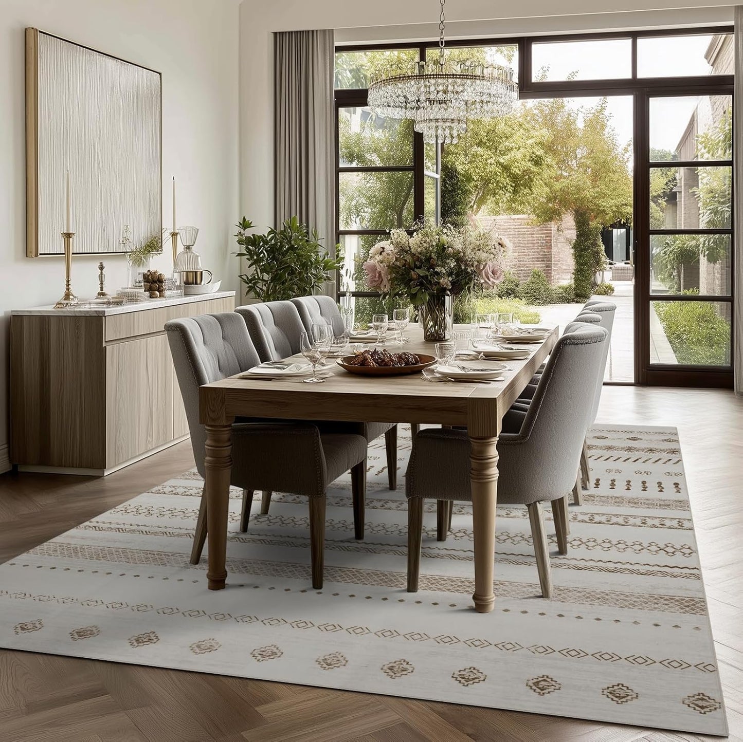 Washable Rugs 5x7 Area Rugs for Living Room, Thin Carpet for Bedroom, Boho Soft Faux Wool Retro Dining Room Rug，Non Slip&Non-Shedding Resistant Low Pile Vintage Print Rug for Home Office (Beige)