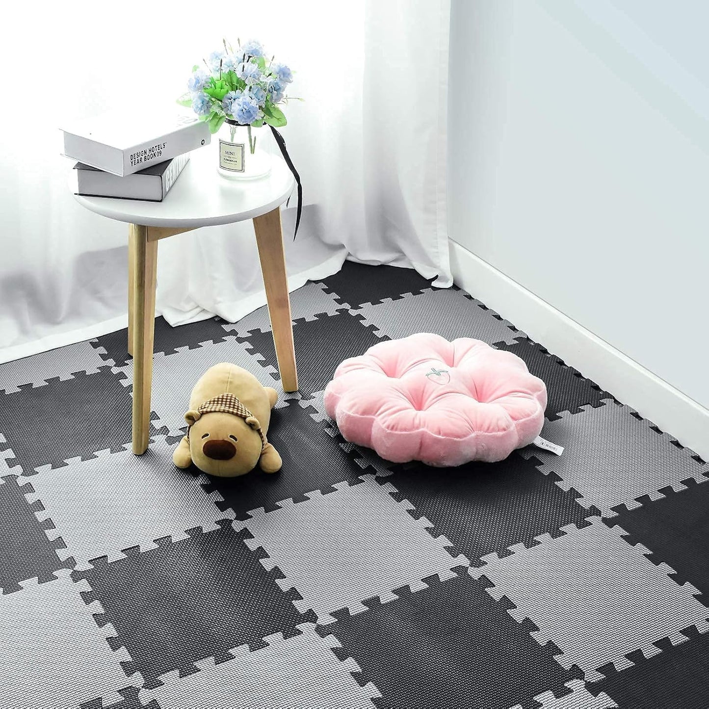 qqpp EVA Rubber 18 Tiles Interlocking Puzzle Foam Floor Mats - Baby Play Mat for Playing | Exercise Mat for Home Workout. Black, Gray. QC-DLb18N