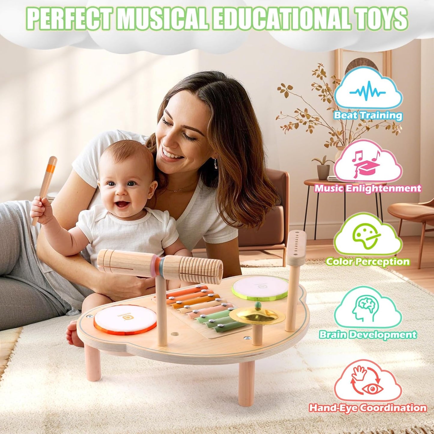 Asweets 7 in 1 Kids Drum Set for Toddlers Wooden Xylophone Musical Instruments Kit Play Set for Toddler Baby Drum Set Montessori Toys Sensory Toys Birthday Gifts for Girls Boys (Cloud)