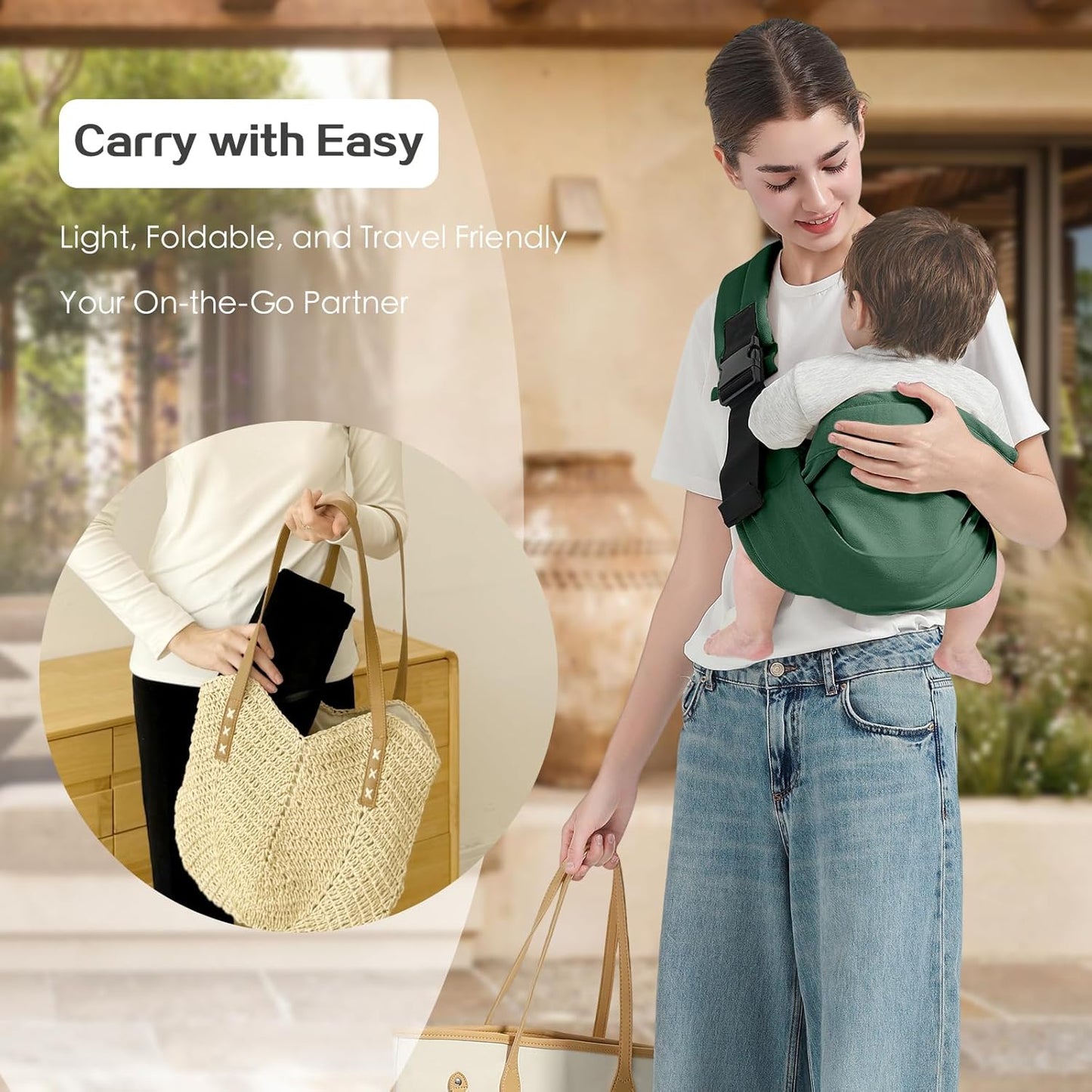 Baby Sling Carrier, Toddler Carrier Sling with Double Safety Buckle and Adjustable Shoulder Strap(7-30lbs), Baby Carriers One Size Fits All, Dark Green