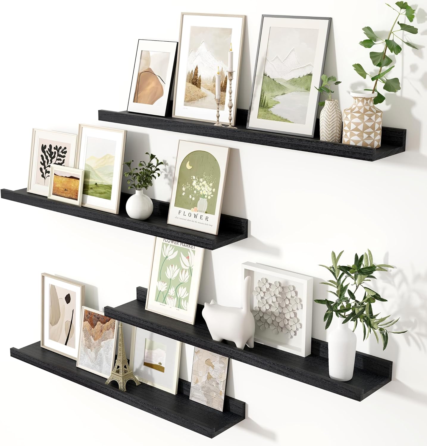 Fun Memories Floating Shelves Wall Mounted 36 Inch Long, Black Picture Shelves for Wall with Ledge, Solid Wood Wall Shelves with Lip Set of 4 for Bedroom, Kitchen, Bathroom