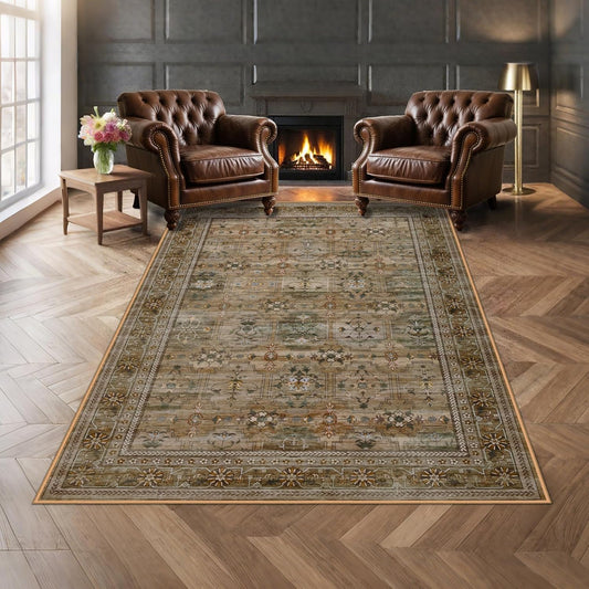 5x7 Washable Area Rug for Living Room Dining Room, Distressed Non Slip Vintage Floral Rugs for Bedroom, Traditional Indoor Floor Carpet for Dining Kitchen Farmhouse Olive/Charcoal