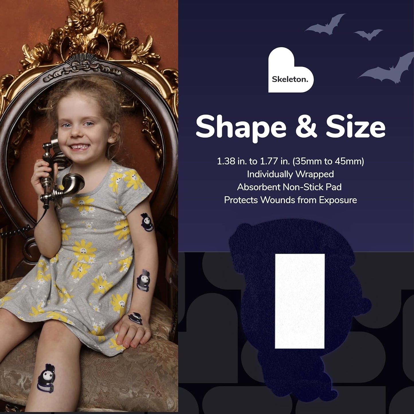 BioSwiss Bandages, Halloween Skeleton Shaped Self Adhesive Bandage, Latex Free Sterile Wound Care, Fun First Aid Kit Supplies for Kids, 50 Count