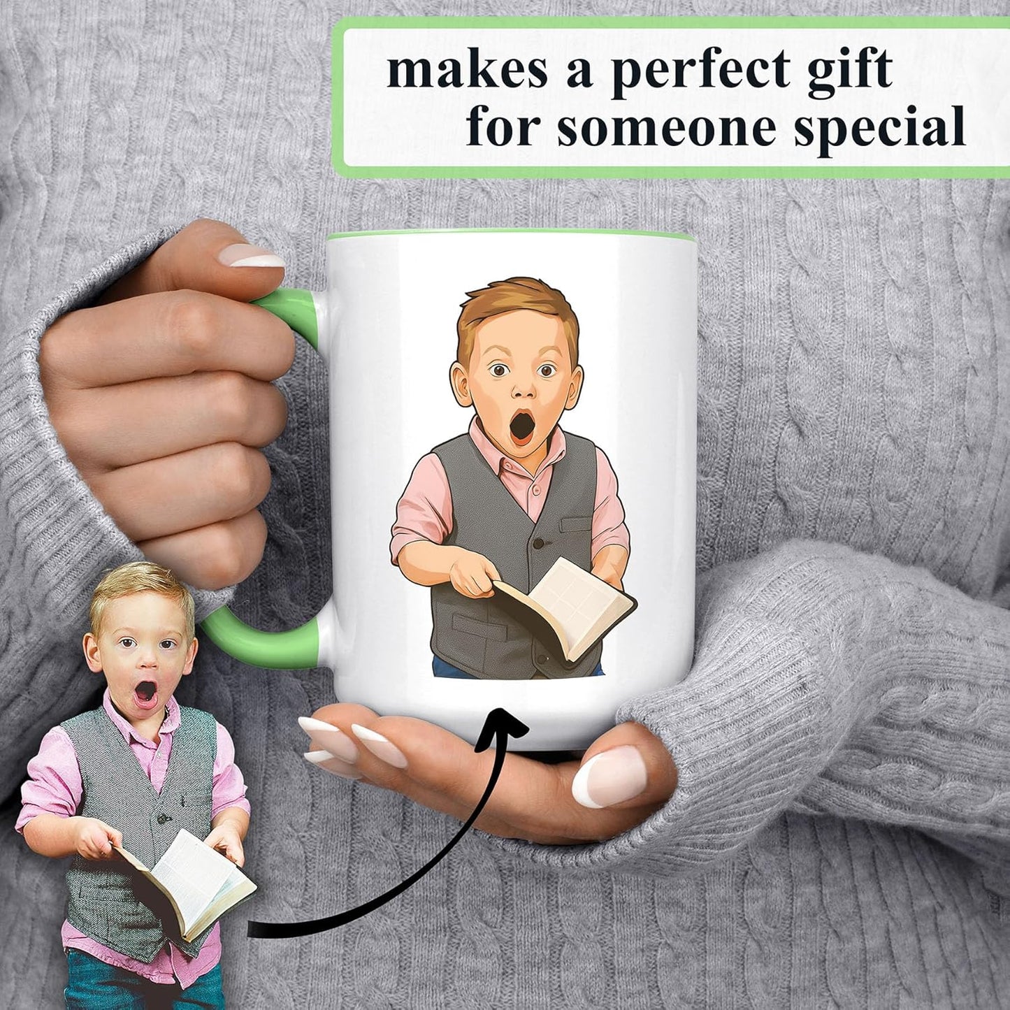 Personalized Coffee Mug, Custom Drawing Portrait Gift, Funny Customized Coffee Gift for Men & Women, Custom Mugs with Pictures, Light Green 15oz Customized Ceramic Tea Cup