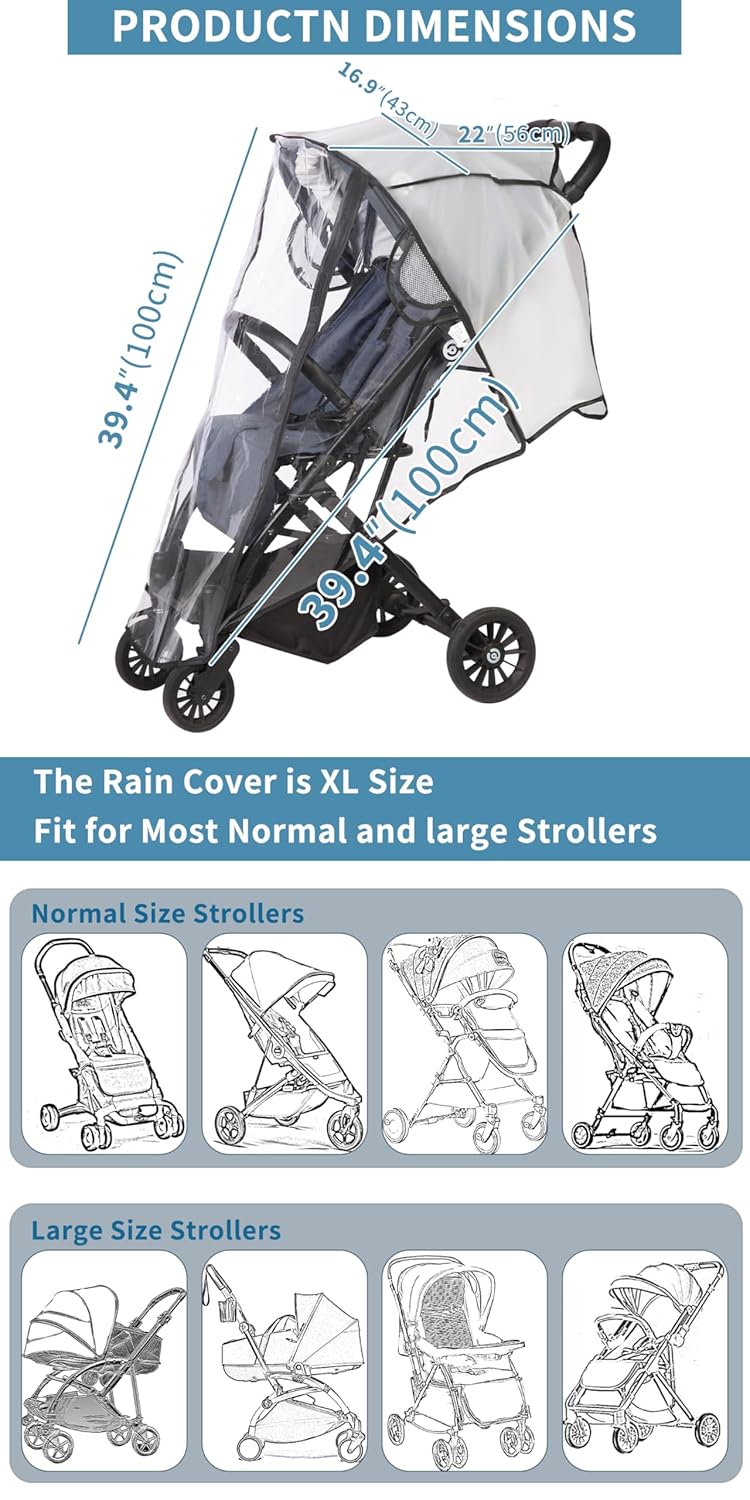 Universal Stroller Rain Cover, Clear Breathable Weather Shield with Waterproof Zipper, 4 Seasons Protection (XL)