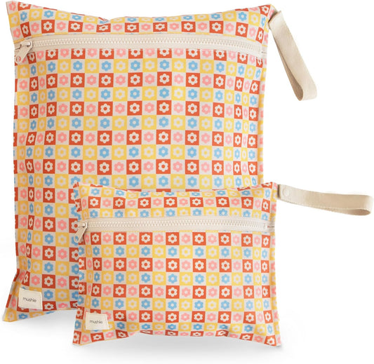 mushie Water Resistant Wet Bags | Large & Small Reusable Storage Bag for Baby Items and Travel | Zippered Pockets with Handle | Machine Washable, Set of 2 (Happy Flowers Check)