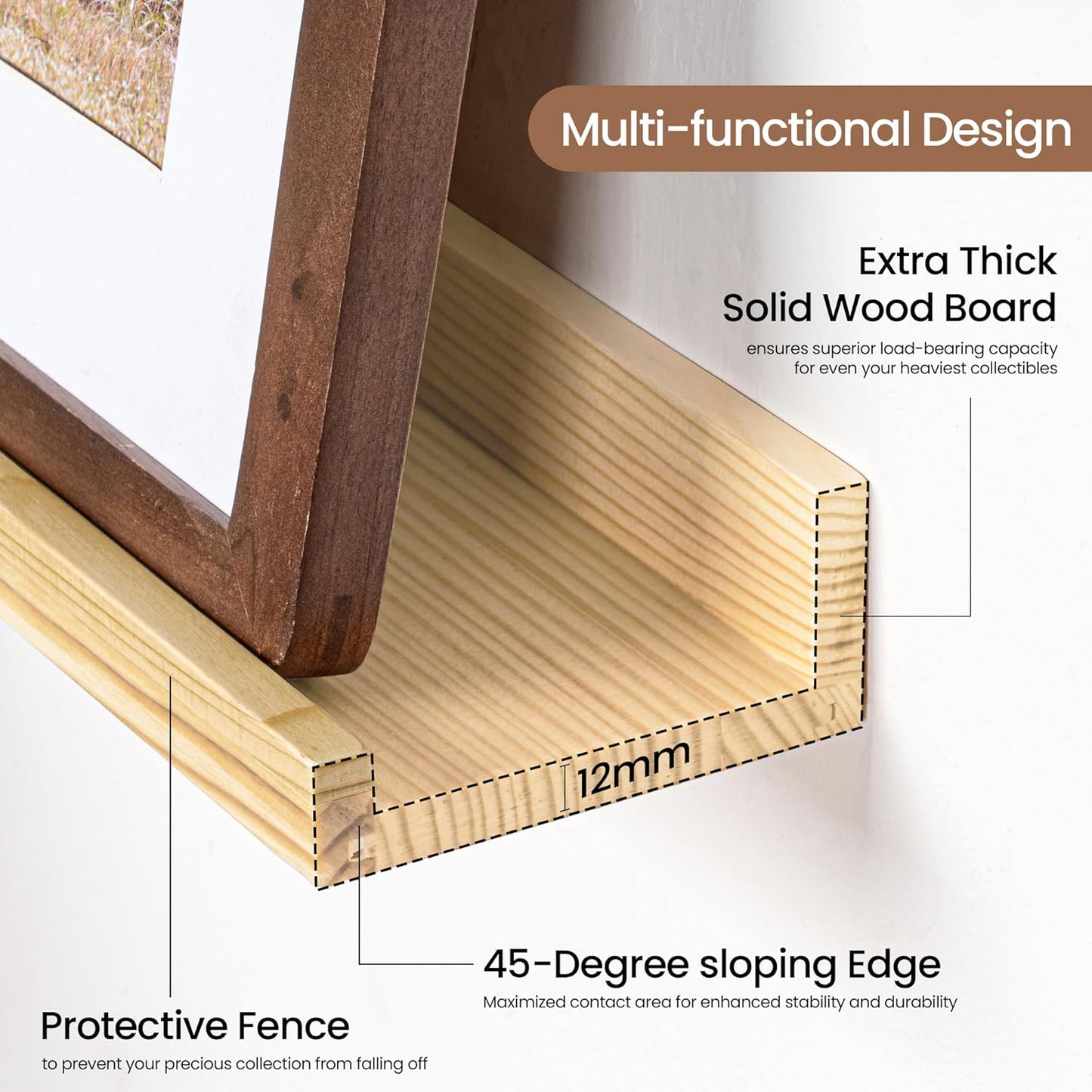 Picture Ledge Shelf, Solid Pine Wood Floating Shelves Set of 4, 16 Inches Nursery Book Shelves for Toys Storage, Kids Bookshelf Wall Mounted for Living Room Decor Photo Frames, Unfinished Natural