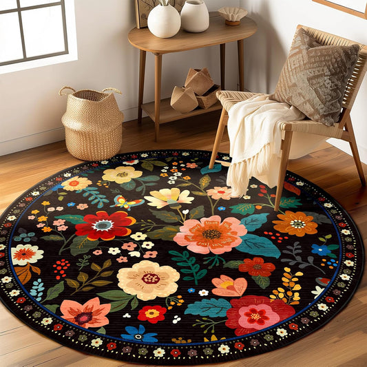 Floral 6ft Area Rug Machine Washable Soft Print Boho Carpet Non Slip Doormat Low Pile Flower Area Rugs for Living Room Bedroom Nursery Kitchen Dining Room Indoor-Black