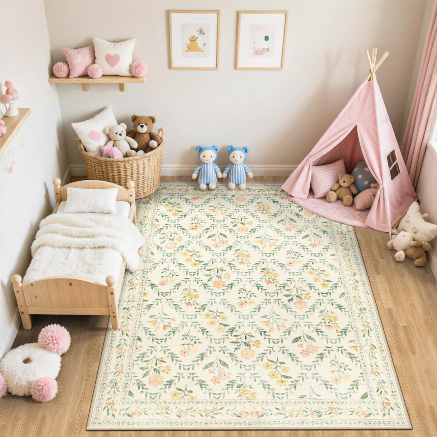 Area Rug Living Room Rugs: Floral 4x6 Washable Rug Vintage Soft Boho Non-Slip Carpet Stain Resistant Large Carpets for Bedroom Dining Room Farmhouse Nursery Hallway Home Office Beige/Multi