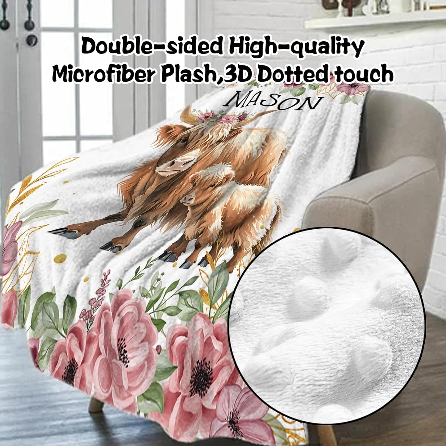 Custom Nursery Crib Bedding Set: Personalized Name 4 Piece Flower Highland Cow Design Baby Crib Sets for Baby Girls - Toddler Double Layer Blanket Set, Comfortable Crib Bed Sheets for Baby Toddlers