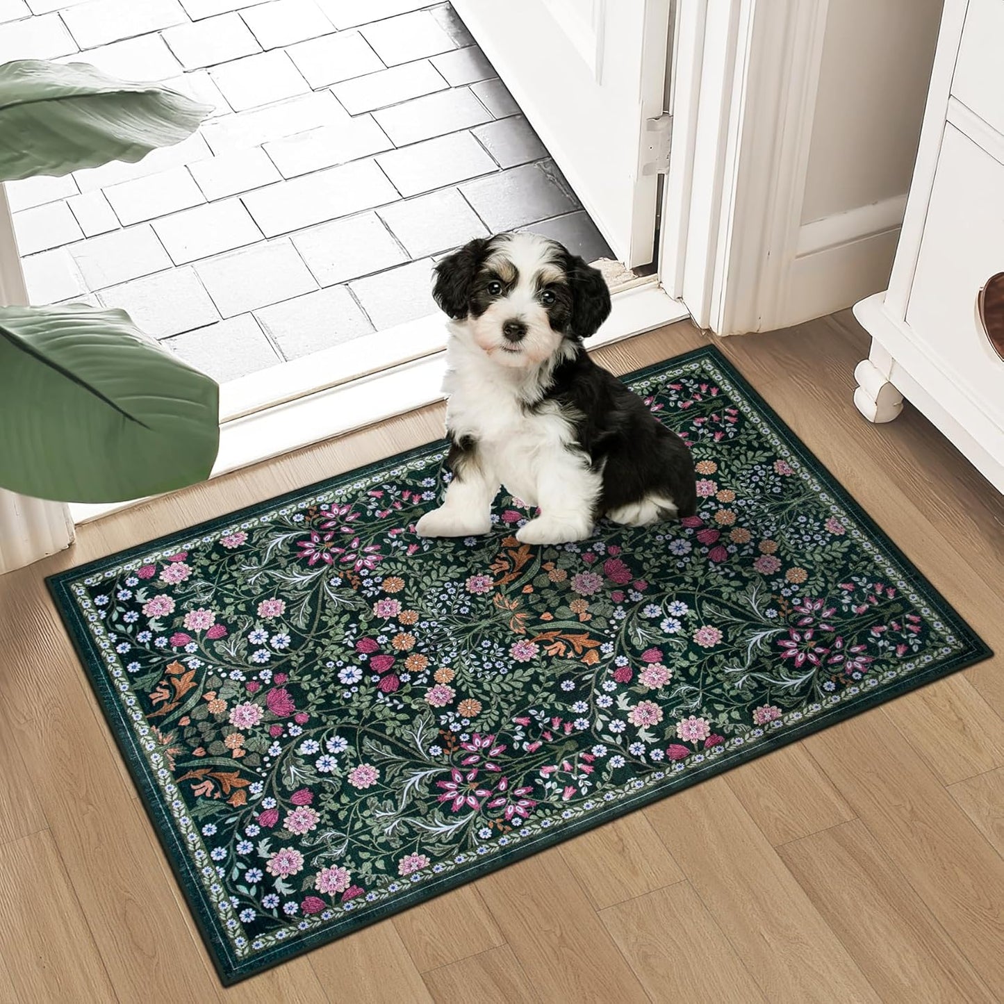 Entryway Rug 2X3 Small Rugs: Floral Washable Door Mat Vintage Soft Low Pile Non-Slip Kitchen Rugs Stain Resistant Indoor Throw Rug for Entrance, Bedroom, Kitchen, Laundry, Bathroom Dark Green