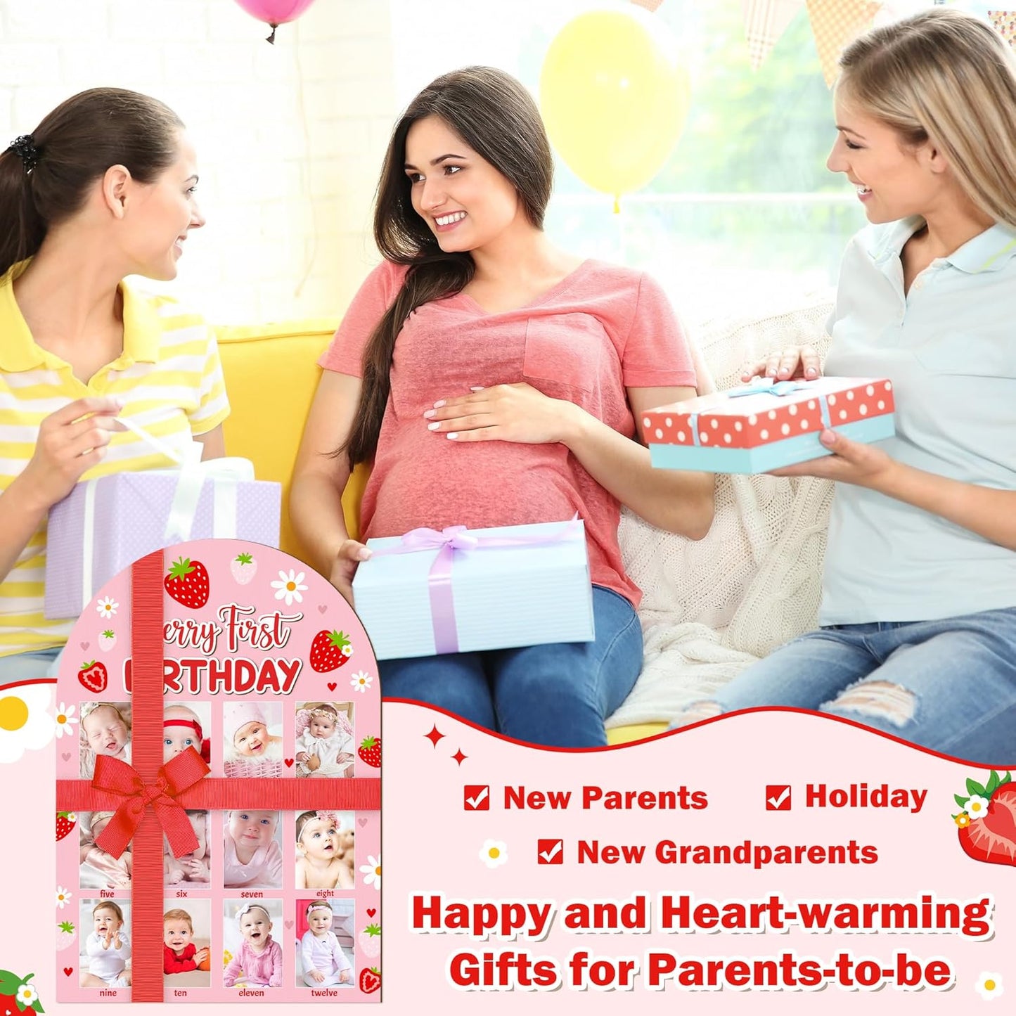 R HORSE 3D Berry First Birthday Wood Photo Display Board, Pink Strawberry Baby's First Year Picture Frame, 1-12 Months Milestone Board Birthday Decorations Keepsake Gift for Baby Girls Nursery Decor