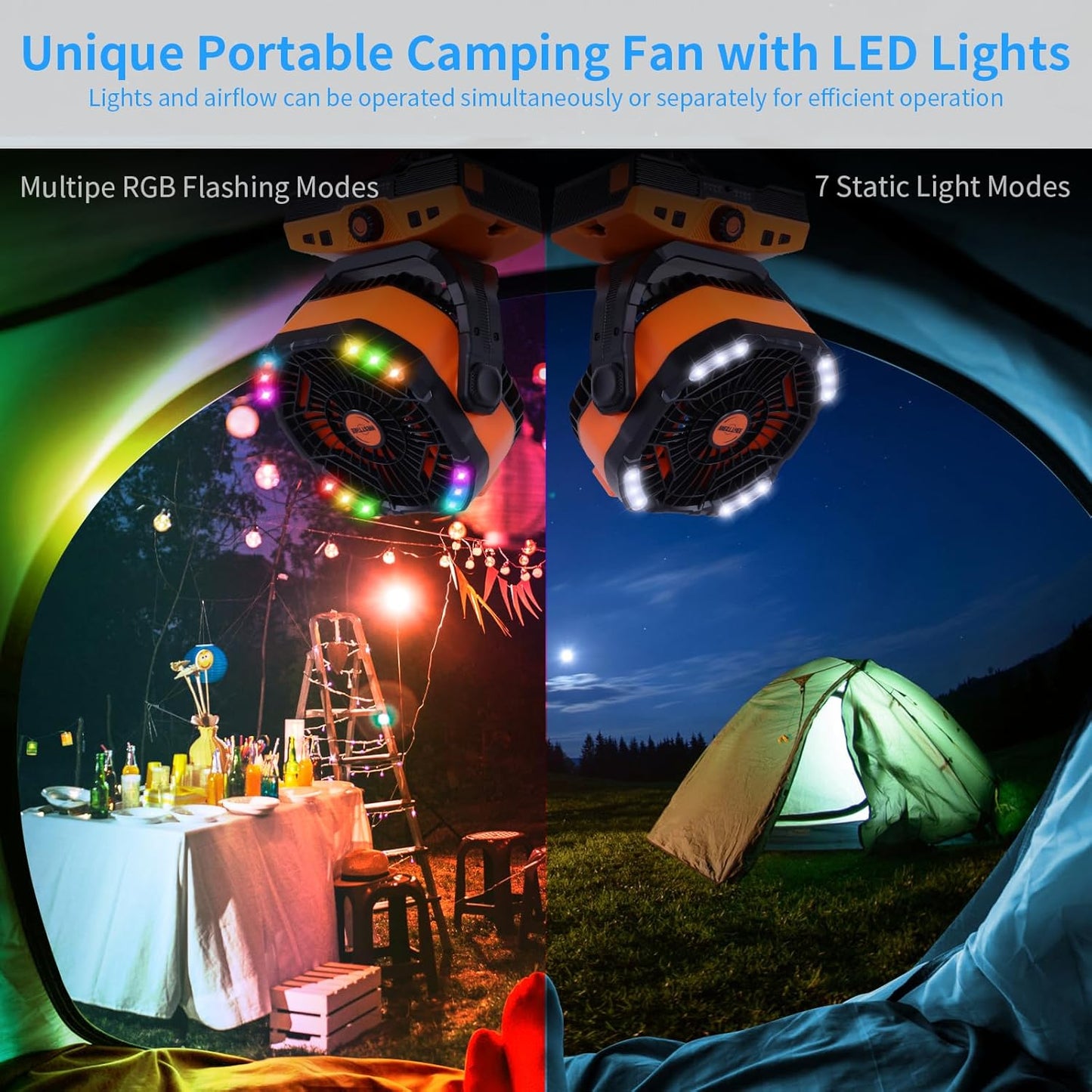 20000mAh Camping Fan Oscillating Portable Fan Battery Powered Fans Rechargeable Camping essentials with Light Hook, 270° Pivot USB Desk Battery Operated Outdoor Tent Travel