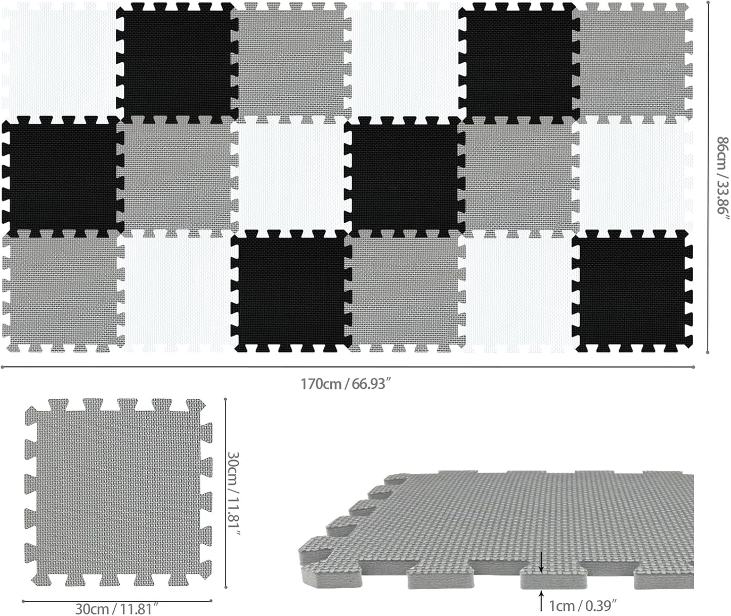 qqpp EVA Rubber 18 Tiles Interlocking Puzzle Foam Floor Mats - Baby Play Mat for Playing | Exercise Mat for Home Workout. White, Black, Gray. QC-ADLb18N
