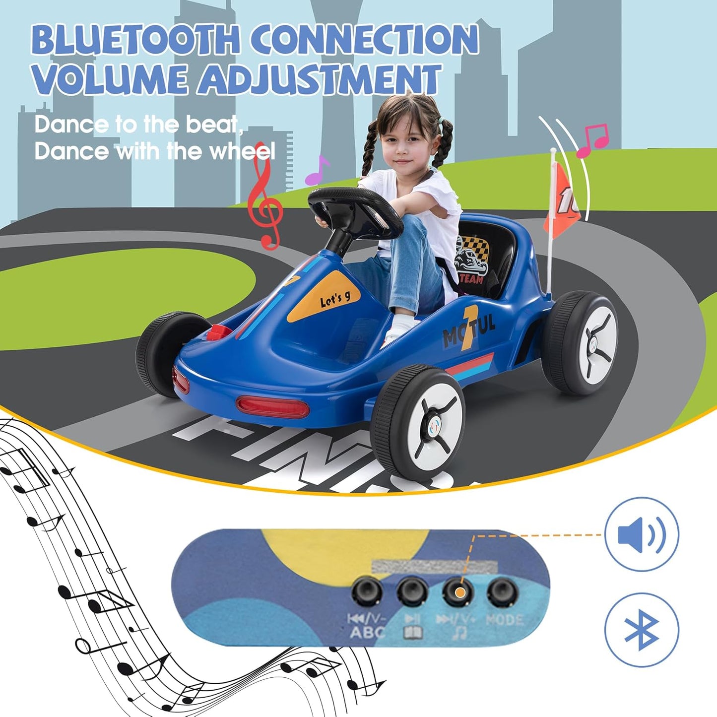 TOBBI 12V Electric Go Kart for Kids Battery Powered Ride on Car Outdoor Race Toy with Remote Control, Safety Belt, Music, LED Lights and Flags for Toddlers 3-8 Years, Blue