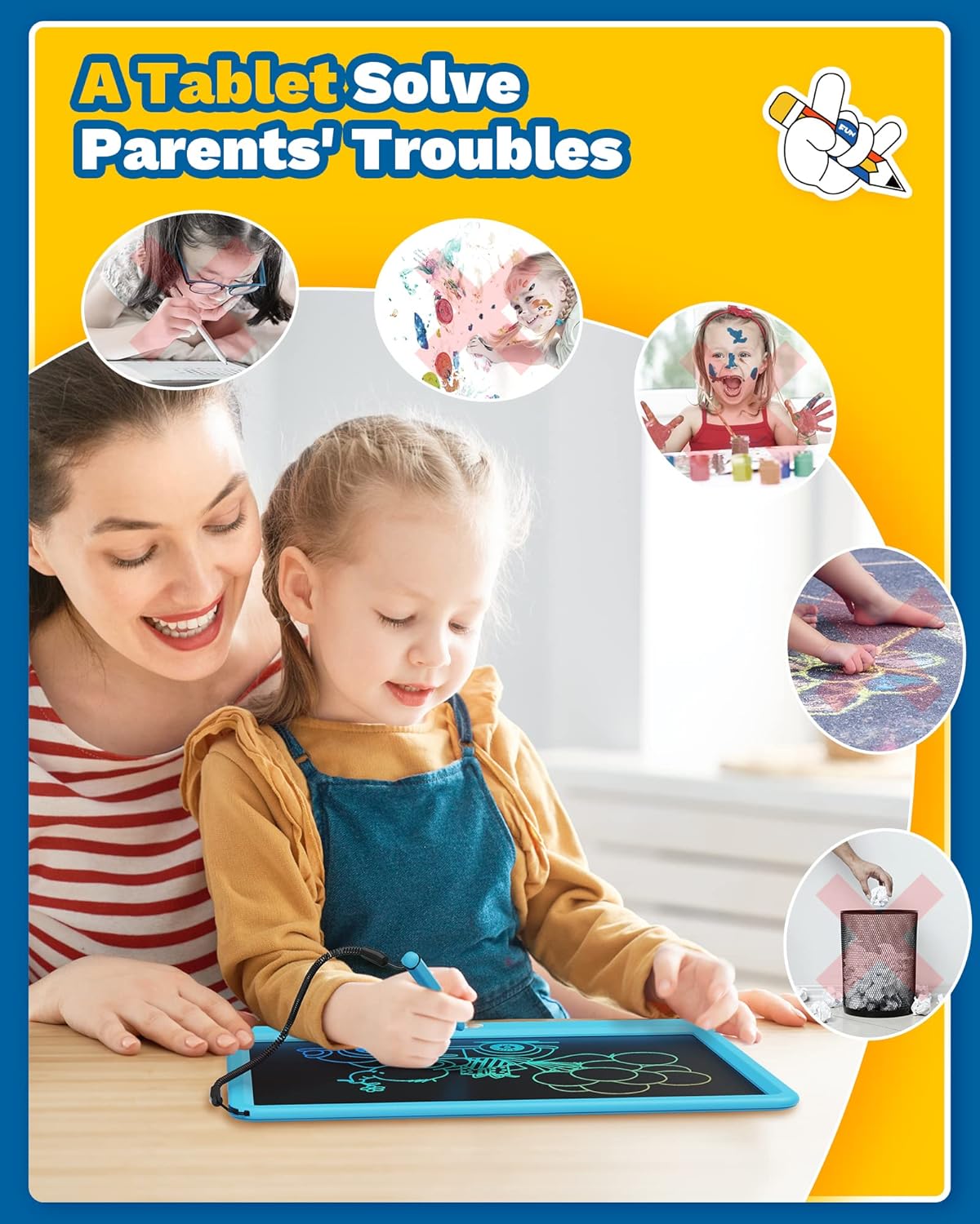 TEKFUN Large Screen 12inch LCD Writing Tablet with Anti-Lost Stylus, Erasable Doodle Board No Mess Drawing Pad, Car Trip Travel Toys for Kids, Birthday Gift for 3 4 5 6 7 Girls Boys