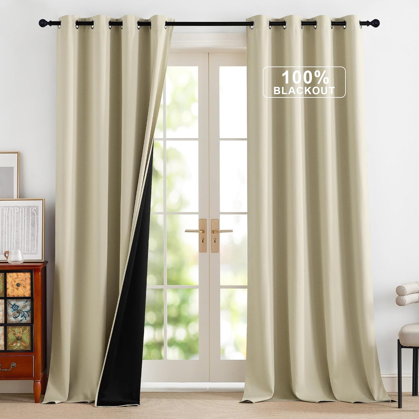 NICETOWN Blackout Curtains for Bedroom, Grommet Privacy 100% Blackout Drapery 96 inches Length Thermal Insulated Curtains for Living Room, 2 Panels, 52W x 96L, Cream