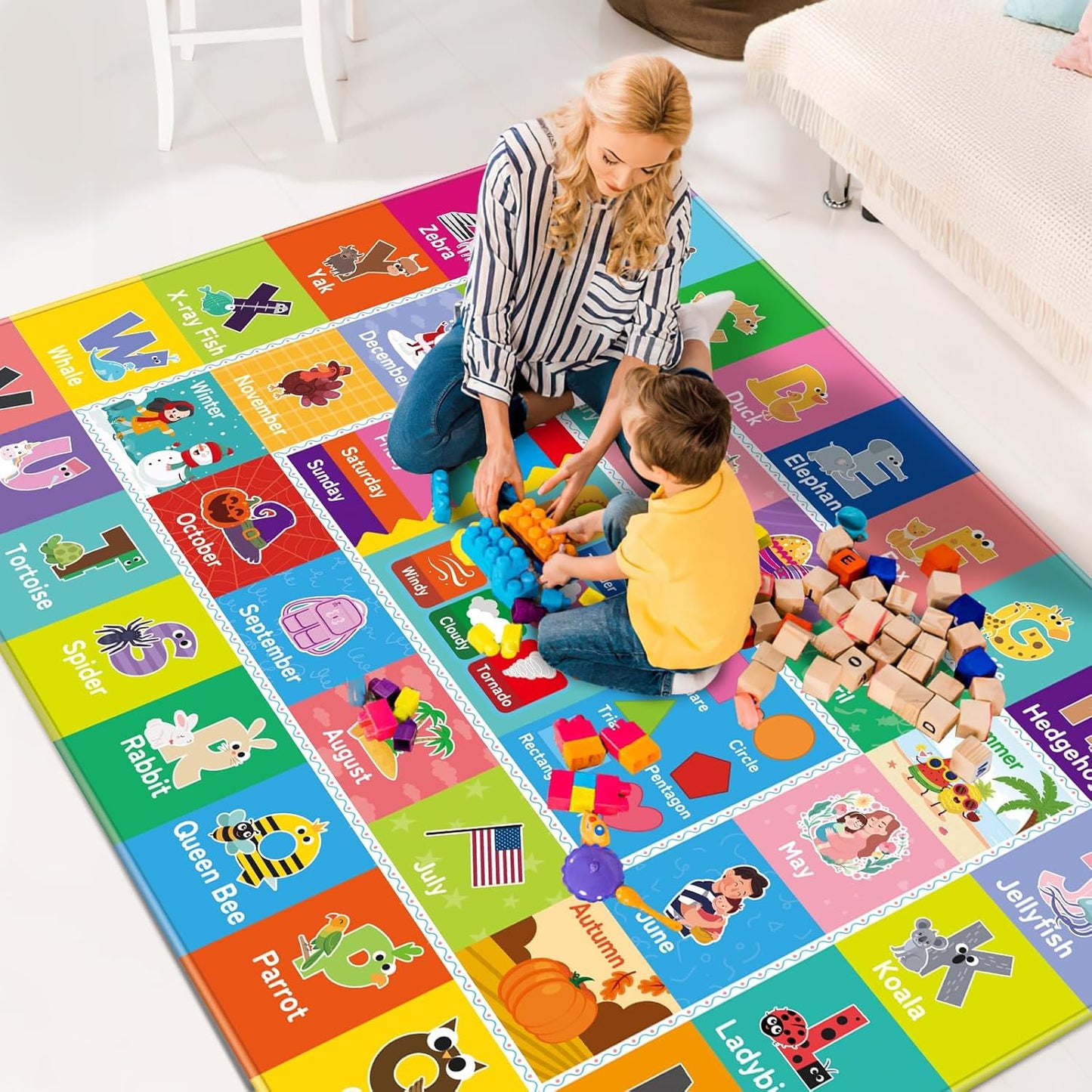 Kids Rug for Playroom, Kids Baby Playmat with Alphabet, Month, Weather, Week and Shapes ABC Educational Rug, Play Mat Carpet for Bedroom Classroom (78.7X59 INCH, Weather)