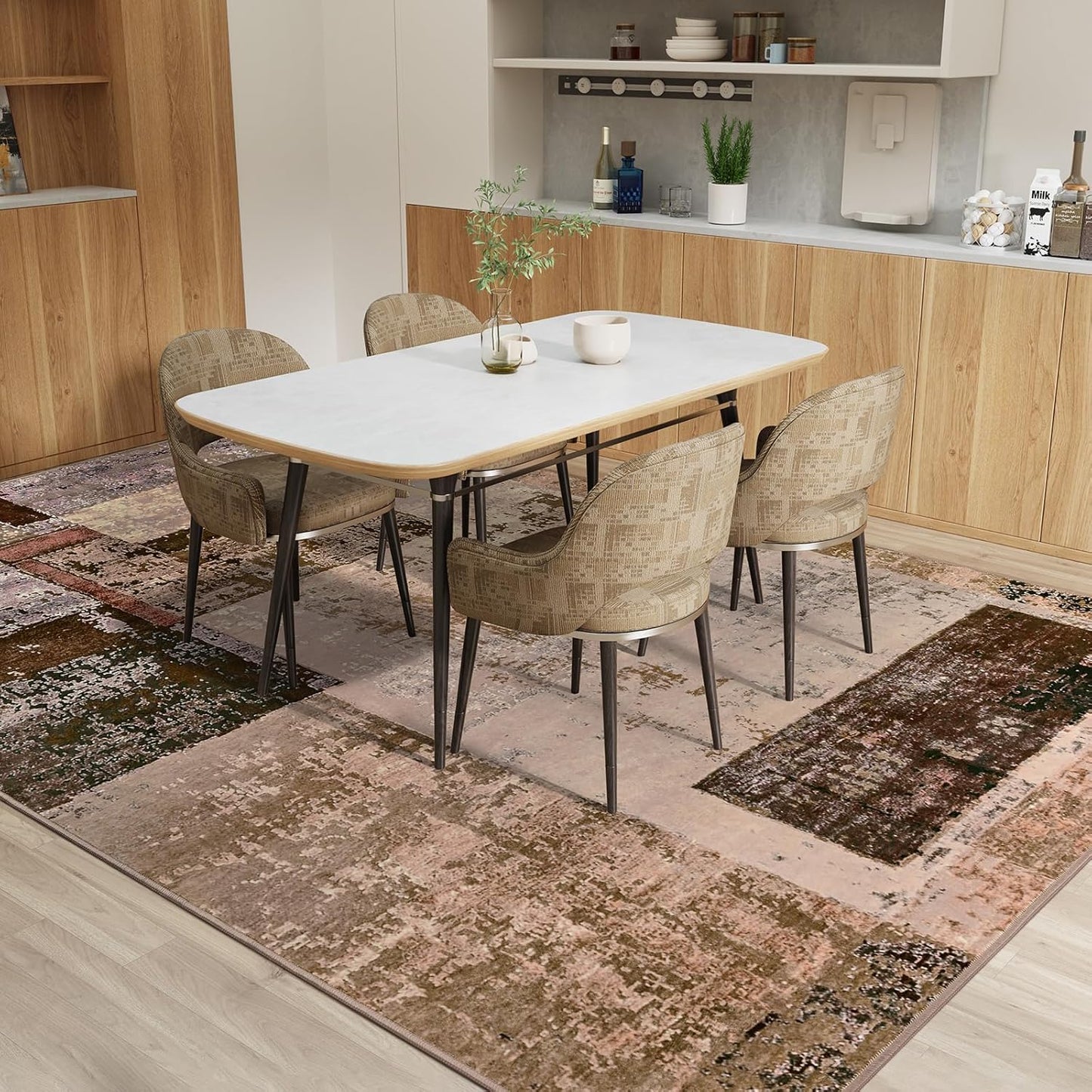 LOCHAS Rug for Living Room, Washable Soft Area Rugs for Bedroom 8x10, Abstract Carpet for Indoor Office Kids Dining Room Nursery Floor, Brown Geometric Vintage Home Decor, Non Slip, Pet Child Friendly