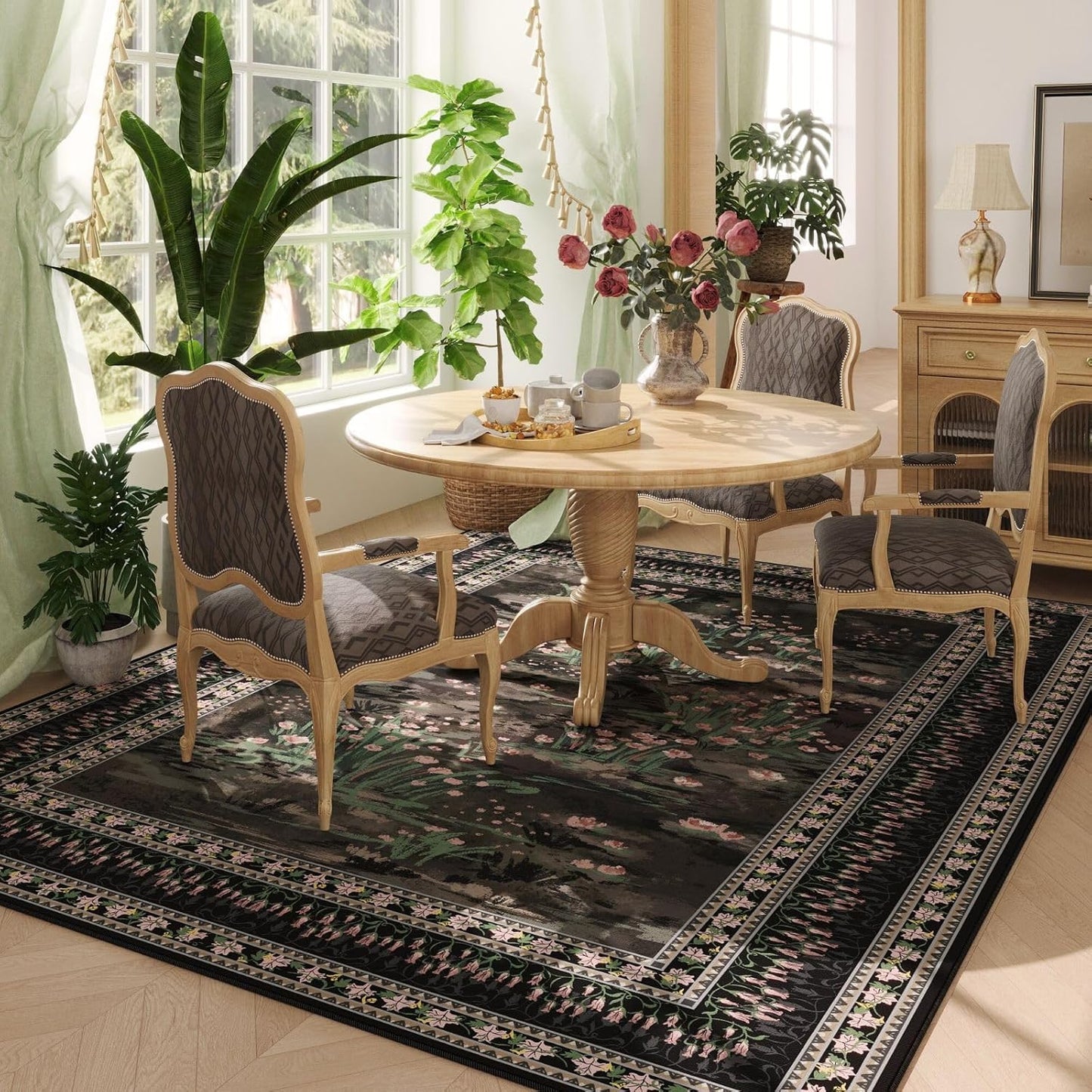 5x7 Area Rugs Impressionist-Style Vintage Washable Area Rug Non Slip Low Pile Large Rugs for Living Room Bedroom Farmhouse Dining Room Kids Playroom, Black