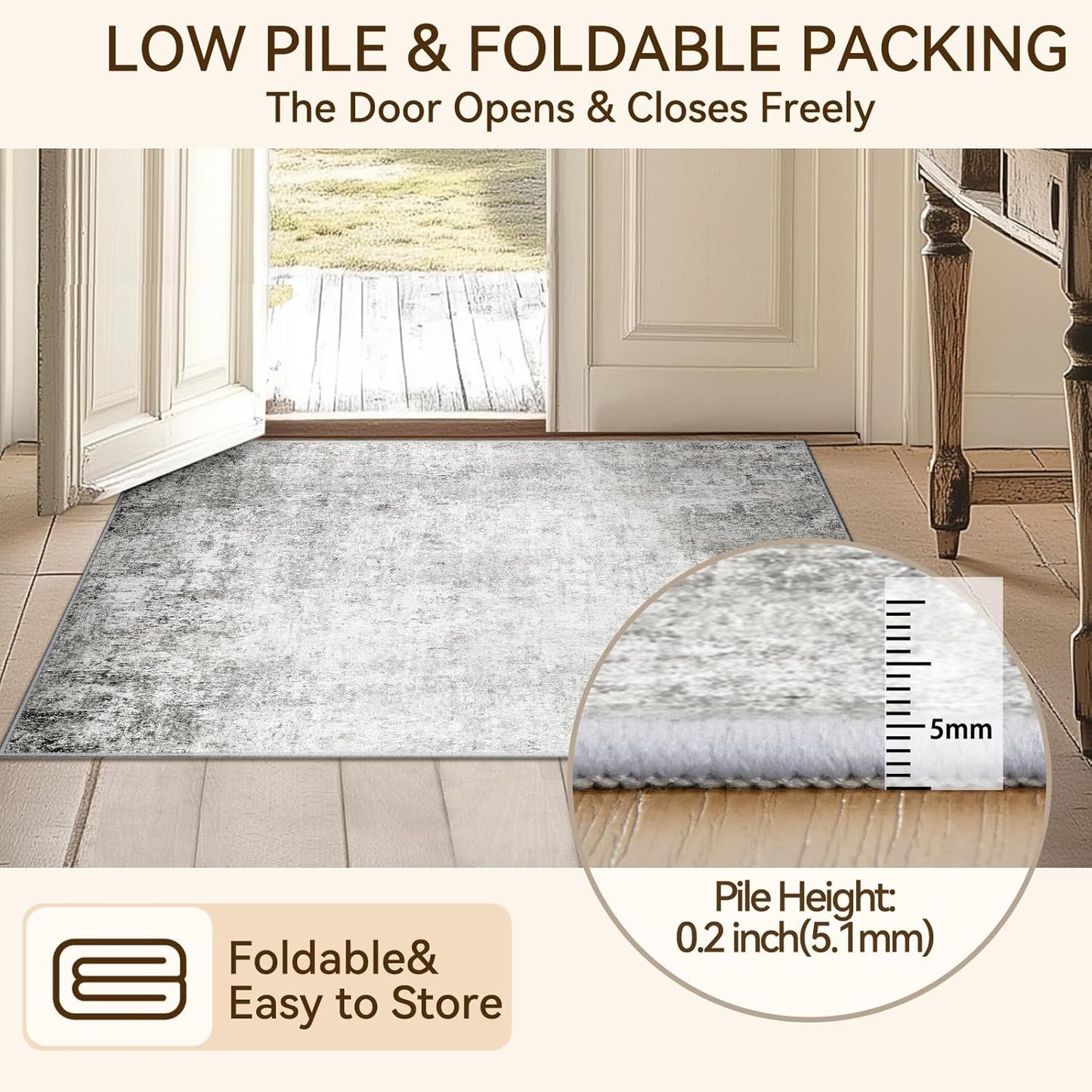 Washable Area Rugs 4'x6' Non-Slip Modern Abstract Soft for Living Room Entryway Bedroom Nursery, Print Pattern, Gray White Grey