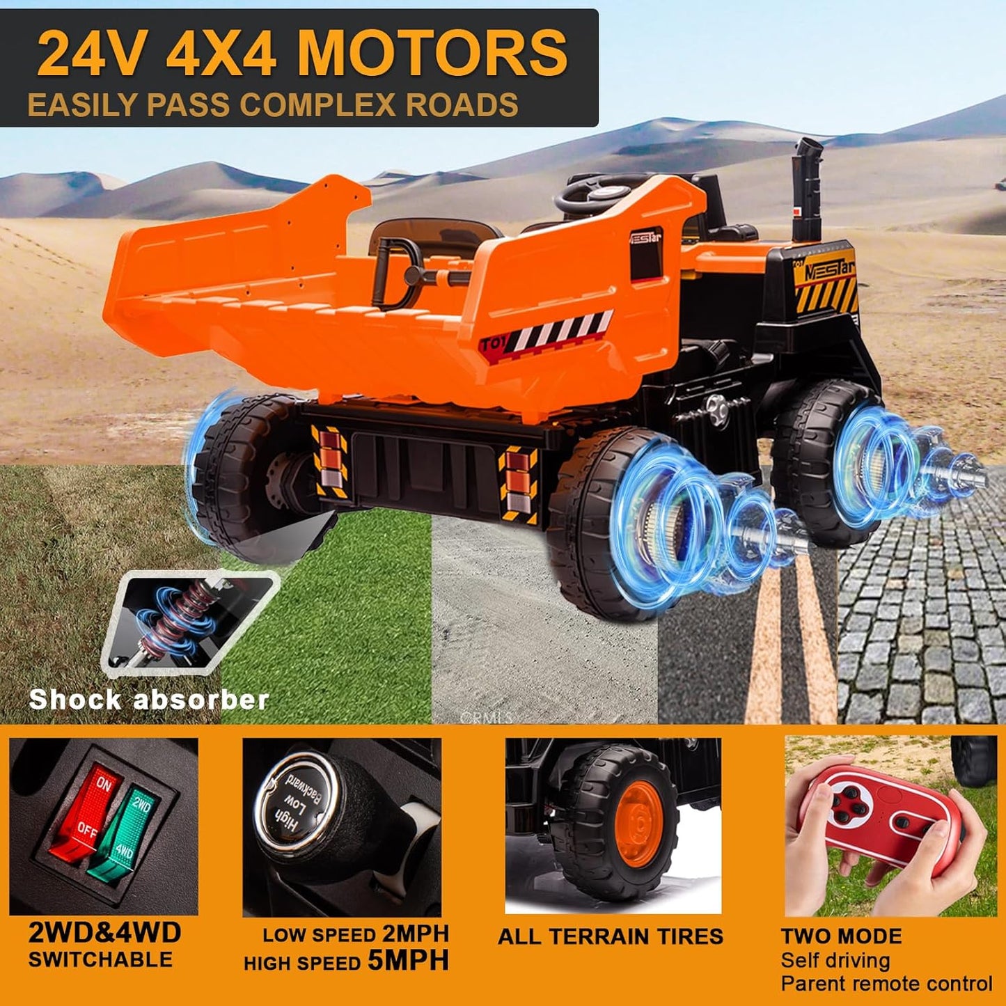 24V Ride On Dump Truck, 24inch-2 Seater Ride On Car for Kids w/Remote Control 4WD/2WD Up to 5 Mph, 24v Ride on Toys for Big Kids w/Electric Dump Bed Extra Shovel Traffic Cones (Orange)