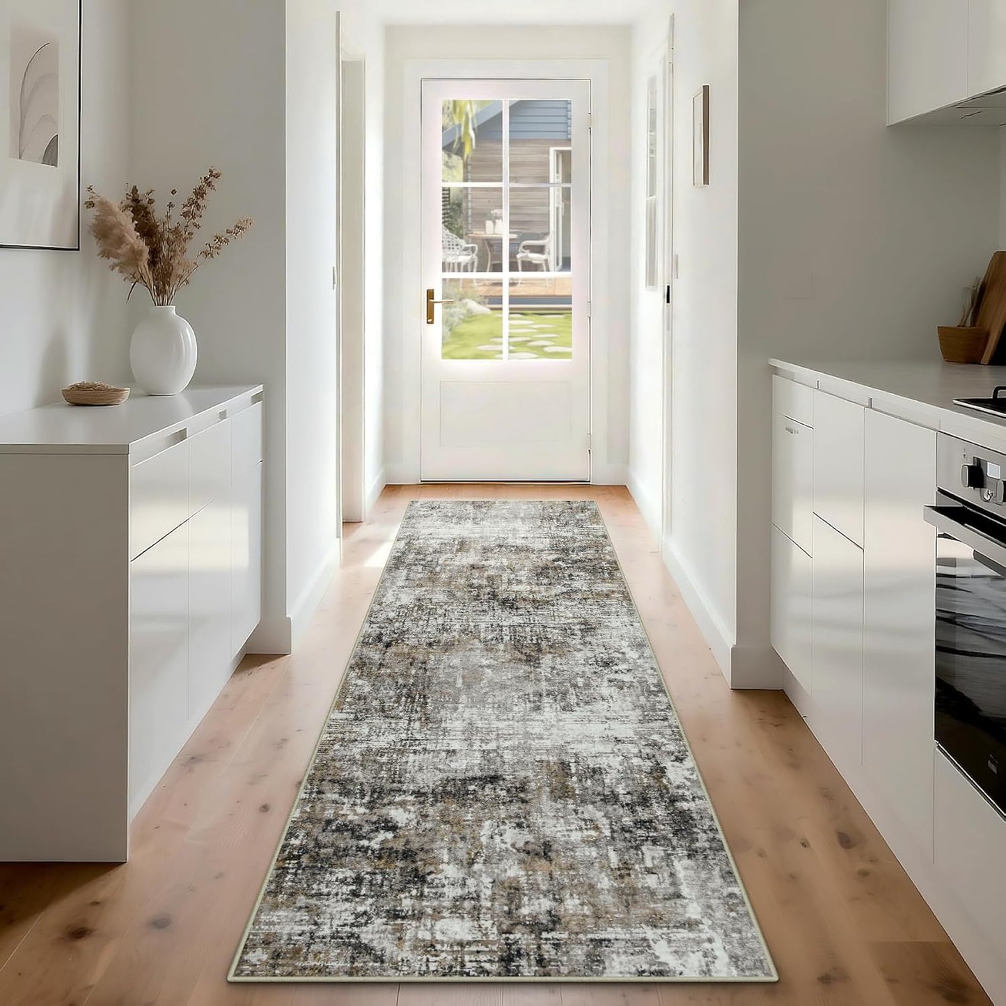 Runner Rug for Hallways Kitchen 2'6"x8' Washable, Non Slip Carpet 8ft Area Rugs Entryway Rubber Backed 8 Feet Neutral Abstract Modern Low Pile Indoor Black Gold