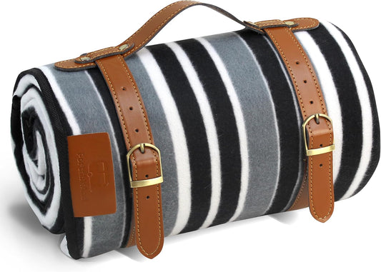 PortableAnd Extra Large Picnic & Outdoor Blanket 3 Layers for Water-Resistant Handy Mat Tote Spring Summer Black and White Striped Great for The Beach,Camping on Grass Waterproof Sandproof