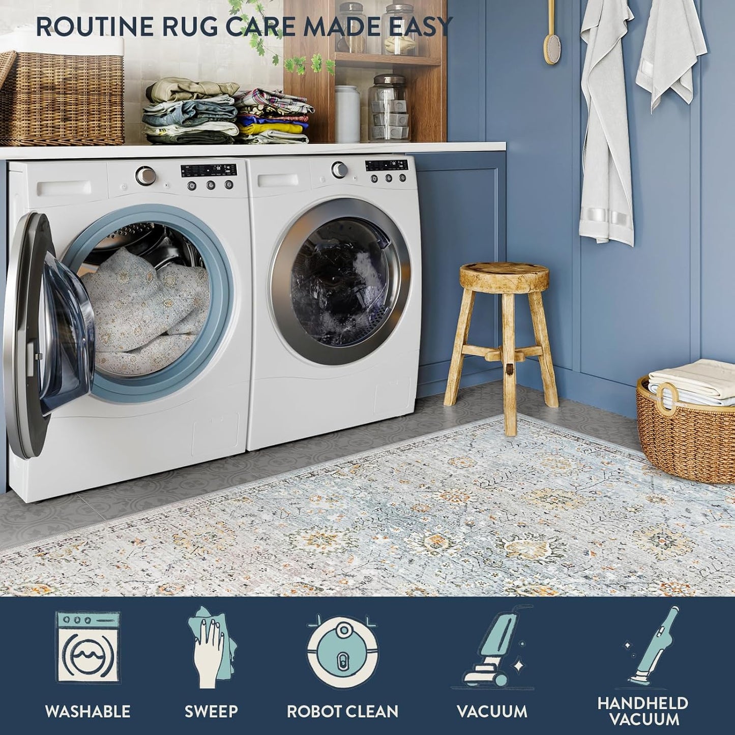 Lahome Boho Light Blue Area Rug 5x7 for Living Room, Soft Large Floral Rug for Bedroom Aesthetic, Machine Washable Floor Carpet Non Slip Indoor for Home Decor