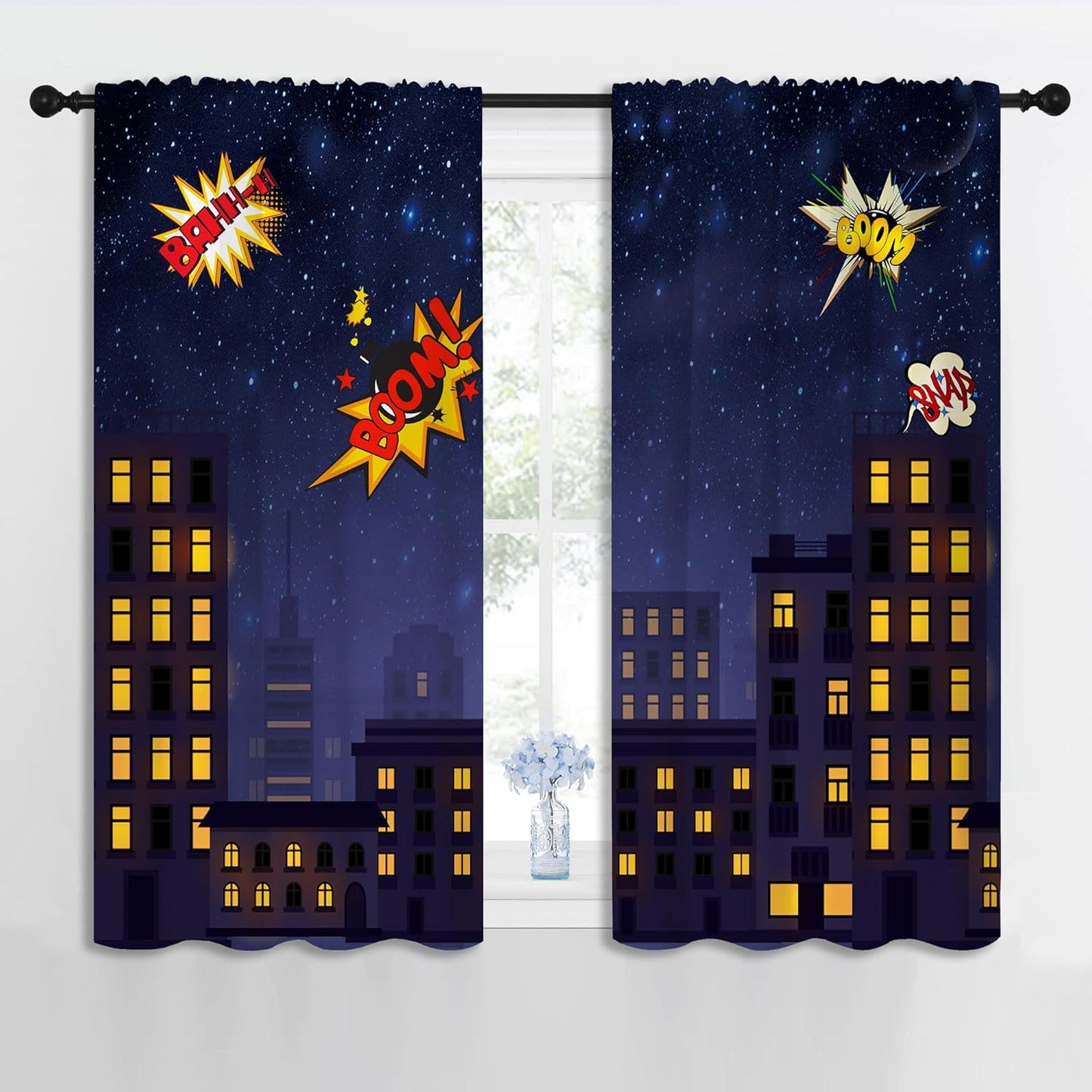Super Hero Rod Pocket Blackout Curtains for Boy Girl Bedroom, Exploding City Starry Cartoon Skyline Thermal Insulated Home Window Drapes for Living Room Darkening, 42x45 inch