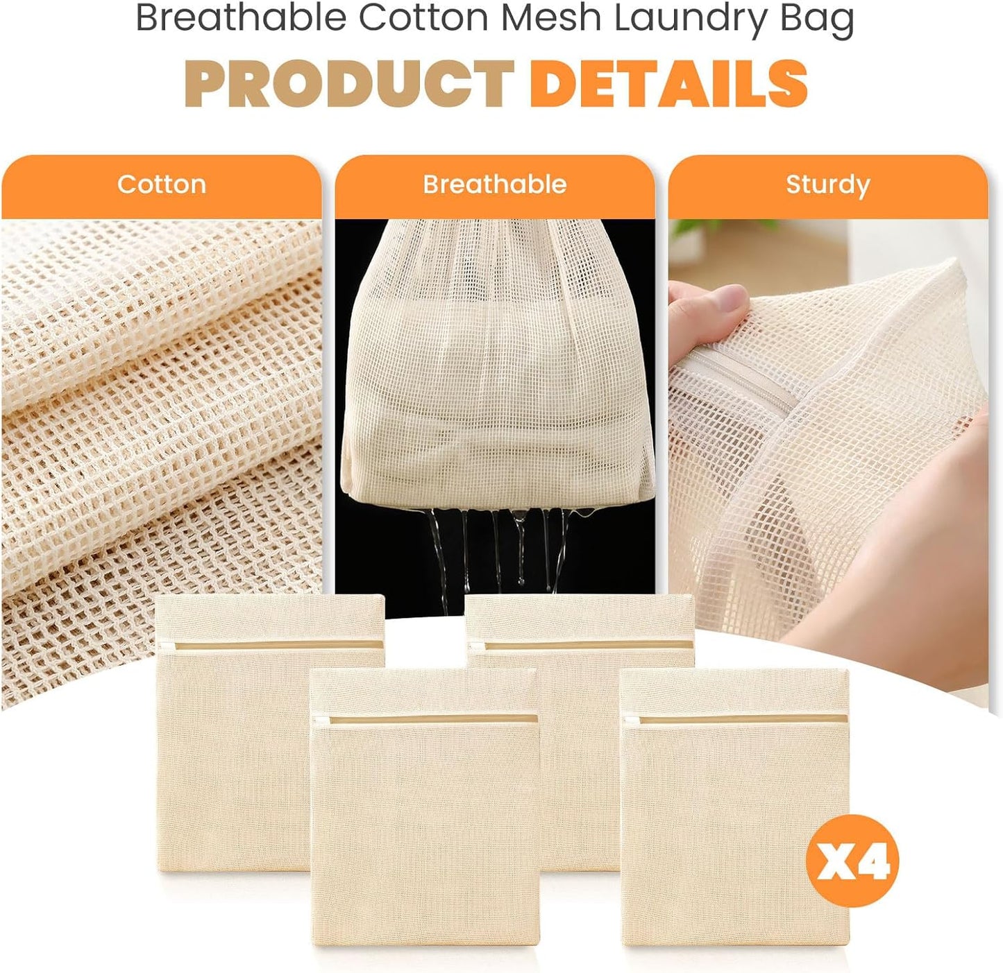 4Pcs Cotton Mesh Laundry Bags for Delicates,Breathable Mesh Garment Bag for Washing Machine,Travel Wash Bags with Zipper for Bras,Underwear,Socks,Baby Clothes,Laundry Dorm Room Essentials(S)