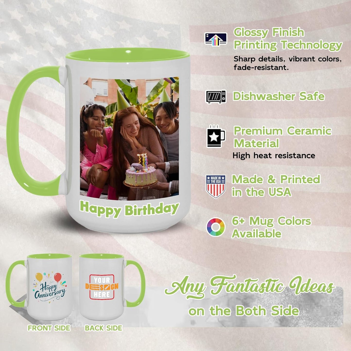 Custom Mug Upload Your Picture Personalized Coffee Mug with Photo Text Name Customized Cup Unique Ideas Gifts for Men Women Mom Dad Girlfriend Boyfriend Friend Family (Green, 15oz)