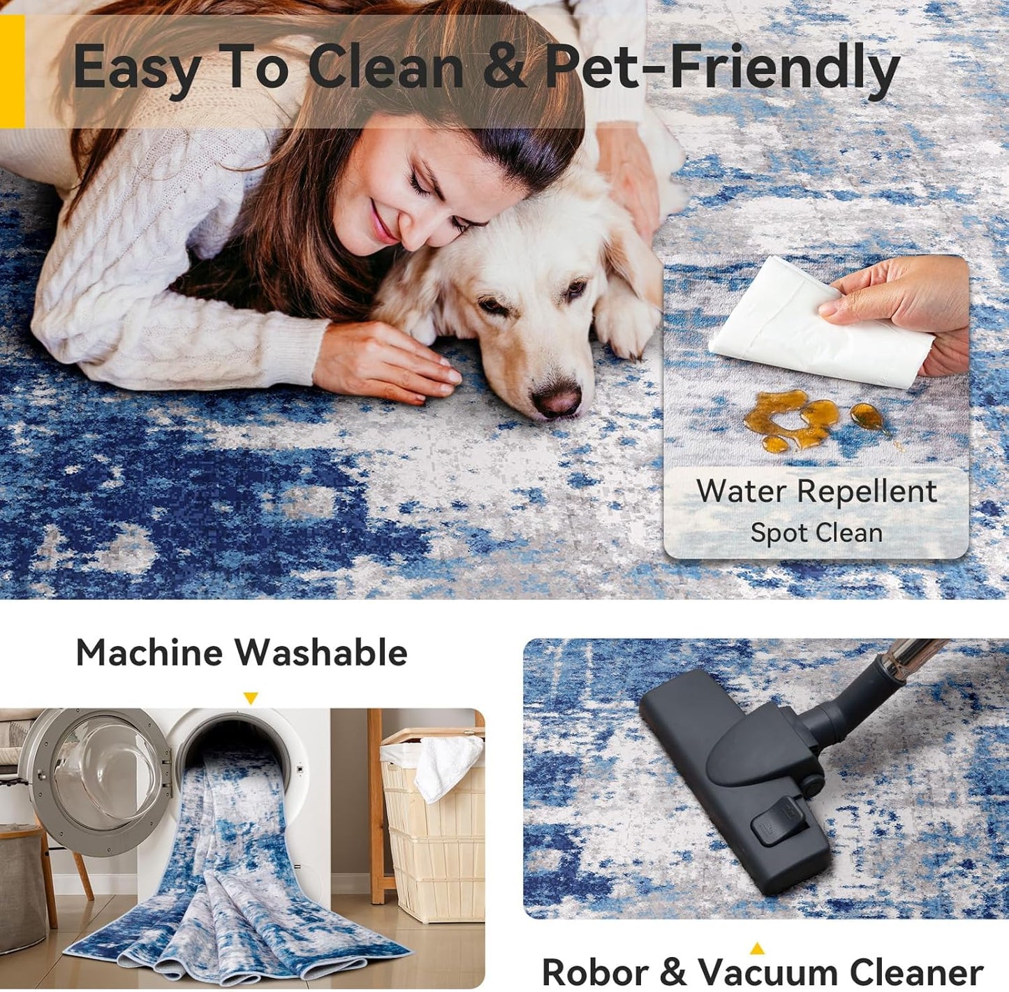 Washable Area Rugs 2'x8' Non-Slip Modern Abstract Soft for Living Room Entryway Bedroom Nursery, Print Pattern, Blue Grey Navy Gray