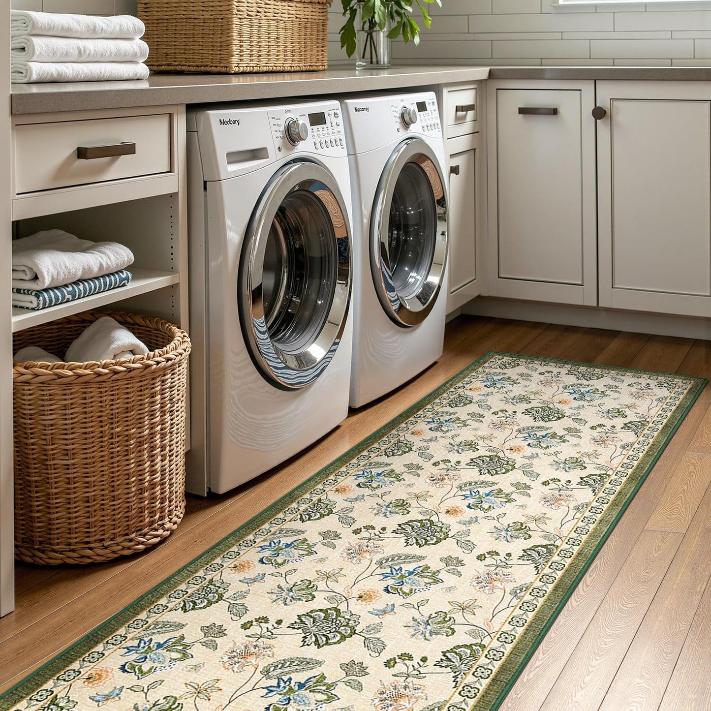 jinchan 3x8 Floral Runner Rug for Hallway Washable Kitchen Runner Vintage Romance Design Non Slip Thin Indoor Floor Cover Low-Profile Throw Carpet for Entryway Bathroom Bedroom Porch, Green/Beige