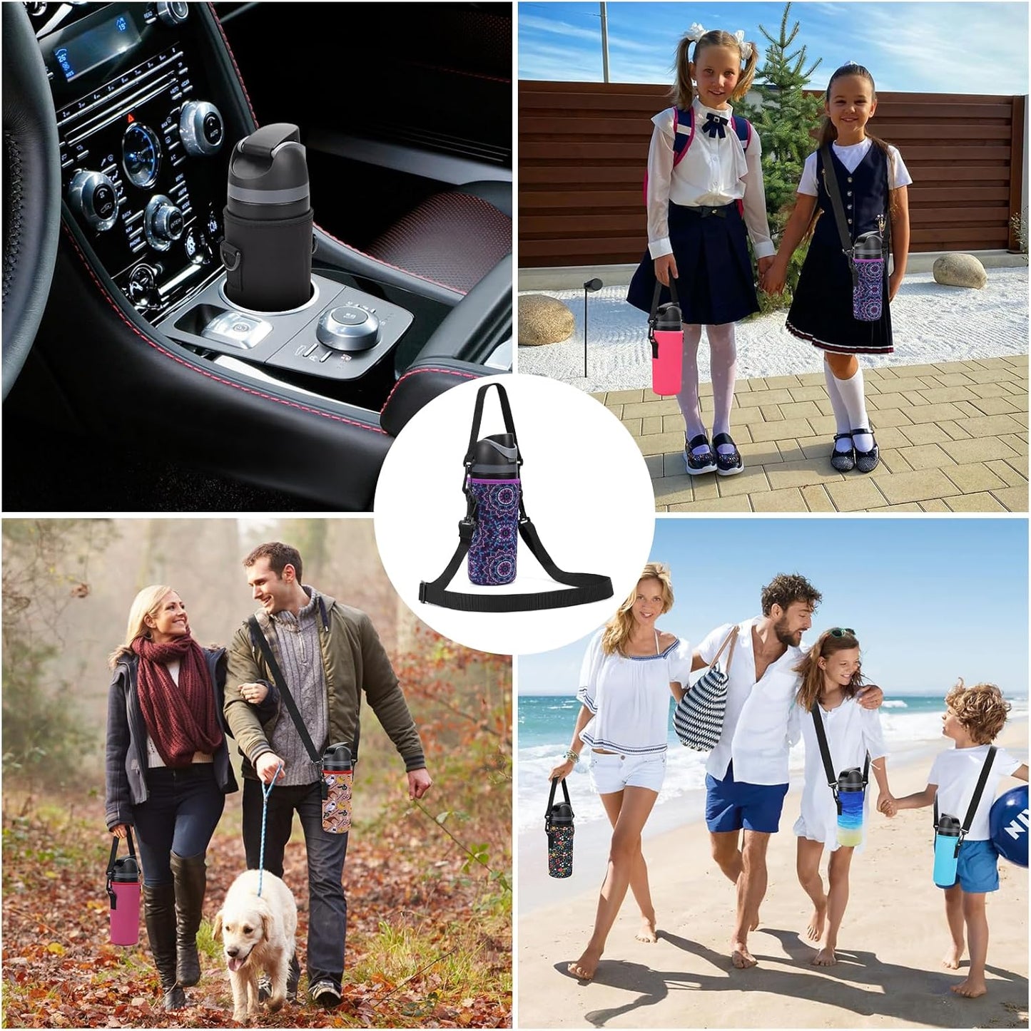 Neoprene Water Bottle Carrier Bag with Adjustable Shoulder Strap for Owala 24 OZ Tumbler, Insulated Water Bottle Cover for Owala FreeSip Insulated Water Bottle (Mandala, 24 OZ)